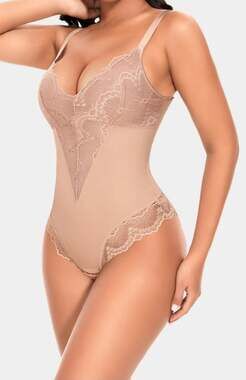 Beige Lace Detail Shapewear Bodysuit Size Large.